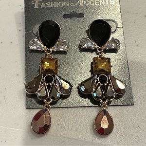 NWT Fashion Accents Earrings gold w/ black, yellow, topaz, clear jewel clusters